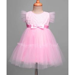 Babyhug 5 Layered Sleeveless Partywear Mesh Dress With Sequinned Yoke & Bow Applique With Cotton Lining - Light Pink