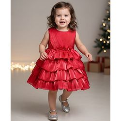 Babyhug 5 Layered Sleeveless Party Dress With Floral Applique & Frill - Red