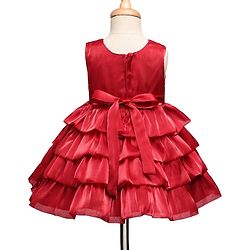 Babyhug 5 Layered Sleeveless Party Dress With Floral Applique & Frill - Red