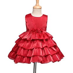 Babyhug 5 Layered Sleeveless Party Dress With Floral Applique & Frill - Red