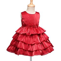 Babyhug 5 Layered Sleeveless Party Dress With Floral Applique & Frill - Red