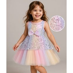 Babyhug Woven Sleeveless Sequinned Layered Dress With Bow Applique - Pink