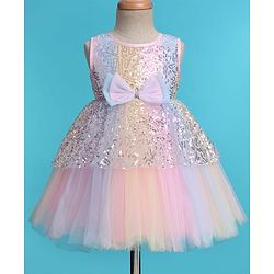Babyhug Woven Sleeveless Sequinned Layered Dress With Bow Applique - Pink