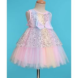 Babyhug Woven Sleeveless Sequinned Layered Dress With Bow Applique - Pink