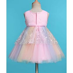 Babyhug Woven Sleeveless Sequinned Layered Dress With Bow Applique - Pink