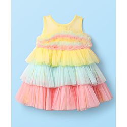 Babyhug Woven Sleeveless Mesh Party Dress With Color Block Design - Multicolor