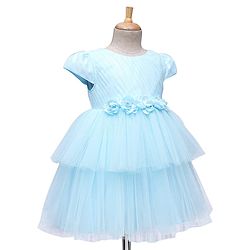 Babyhug 5 Layers With Cotton Lining Cap Sleeves Tiered Glitter Mesh Party Dress With Flower Applique - Light Blue