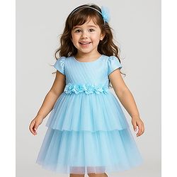 Babyhug 5 Layers With Cotton Lining Cap Sleeves Tiered Glitter Mesh Party Dress With Flower Applique - Light Blue