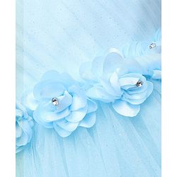 Babyhug 5 Layers With Cotton Lining Cap Sleeves Tiered Glitter Mesh Party Dress With Flower Applique - Light Blue