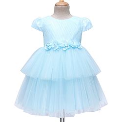 Babyhug 5 Layers With Cotton Lining Cap Sleeves Tiered Glitter Mesh Party Dress With Flower Applique - Light Blue