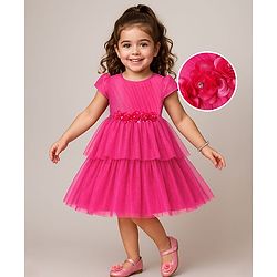 Babyhug 5 Layers With Cotton Lining Cap Sleeves Tiered Glitter Mesh Party Dress With Flower Applique - Light Blue