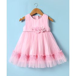 Babyhug 5 Layered With Cotton Lining Fit & Flare Sleeveless Mesh Party Dress With Flower Corsage and Lace Detailing - Pink