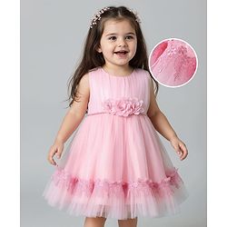 Babyhug 5 Layered With Cotton Lining Fit & Flare Sleeveless Mesh Party Dress With Flower Corsage and Lace Detailing - Pink