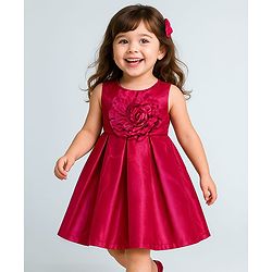 Babyhug Woven Sleeveless Pleated Party Dress with Floral Applique & Pearl Detailing - Red