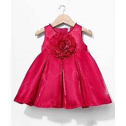 Babyhug Woven Sleeveless Pleated Party Dress with Floral Applique & Pearl Detailing - Red