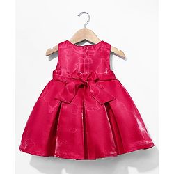 Babyhug Woven Sleeveless Pleated Party Dress with Floral Applique & Pearl Detailing - Red