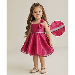 Babyhug Woven Sleeveless Solid Party Dress With Bow Applique & Lace Detailing - Red