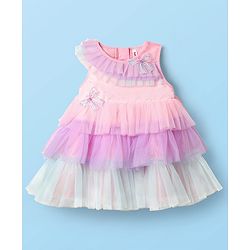 Babyhug 5 Layered Sleeveless Mesh Party Dress With Bow Applique & Cotton Lining - Multicolor