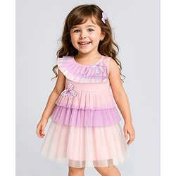 Babyhug 5 Layered Sleeveless Mesh Party Dress With Bow Applique & Cotton Lining - Multicolor