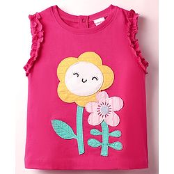 Babyhug Cotton Knit Frill Sleeves With Floral Patch & Embroidery - Dark Pink