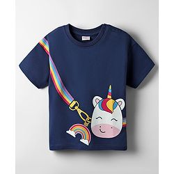 Babyhug Cotton Knit Half Sleeves Drop Shoulder T-Shirt With Unicorn Print - Navy Blue