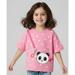 Babyhug Cotton Knit Half Sleeves T-Shirt with Polka Dots & Sling Bag Print - Pink