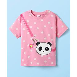 Babyhug Cotton Knit Half Sleeves T-Shirt with Polka Dots & Sling Bag Print - Pink