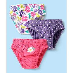 Babyhug 100% Cotton Knit Antibacterial Panties with Floral & Polka Dots Print Pack of 3 - Pink Lilac & White
