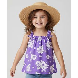 Babyhug Cotton Knit Sleeveless Top With Floral Print - Purple