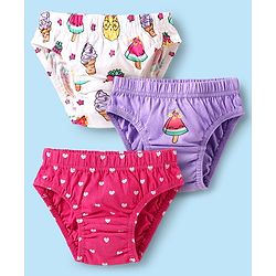 Babyhug 100% Cotton Single Jersey Knit Panties With Heart & Tropical Theme Print Pack Of 3 - White Purple & Pink