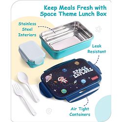 Babyhug Space Stainless Steel Lunch Box|BPA Free|Leak Proof|1 Lunch Box, 1 Container,1 Spoon, 1 Fork|550ML,110ML|Perfect for School Kids & Outdoors|Navy Blue