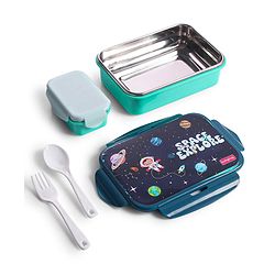 Babyhug Space Stainless Steel Lunch Box|BPA Free|Leak Proof|1 Lunch Box, 1 Container,1 Spoon, 1 Fork|550ML,110ML|Perfect for School Kids & Outdoors|Navy Blue