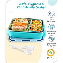 Babyhug Space Stainless Steel Lunch Box|BPA Free|Leak Proof|1 Lunch Box, 1 Container,1 Spoon, 1 Fork|550ML,110ML|Perfect for School Kids & Outdoors|(Color May vary)