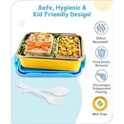 Babyhug Space Stainless Steel Lunch Box|BPA Free|Leak Proof|1 Lunch Box, 1 Container,1 Spoon, 1 Fork|550ML,110ML|Perfect for School Kids & Outdoors|(Color May vary)