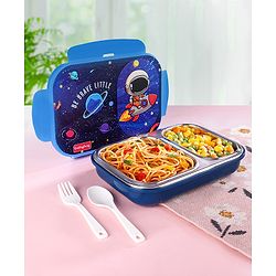 Babyhug Space Stainless Steel Lunch Box|BPA Free|Leak Proof|2 compartment,1 Spoon and 1 Fork|550 ML|Perfect for School Kids & Outdoors|Navy Blue