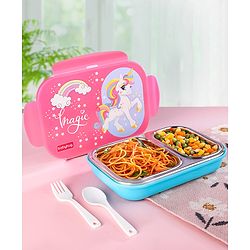 Babyhug Space Stainless Steel Lunch Box|BPA Free|Leak Proof|2 compartment,1 Spoon and 1 Fork|550 ML|Perfect for School Kids & Outdoors|Navy Blue