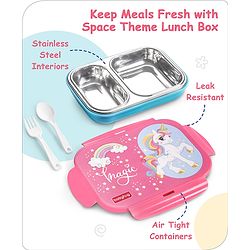 Babyhug Space Stainless Steel Lunch Box|BPA Free|Leak Proof|2 compartment,1 Spoon and 1 Fork|550 ML|Perfect for School Kids & Outdoors|Navy Blue