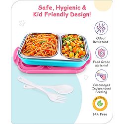 Babyhug Space Stainless Steel Lunch Box|BPA Free|Leak Proof|2 compartment,1 Spoon and 1 Fork|550 ML|Perfect for School Kids & Outdoors|Navy Blue