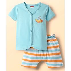 Babyhug Cotton Knit Half Sleeves Shorts Night Suit With Stripes & Bear Print - Light Blue