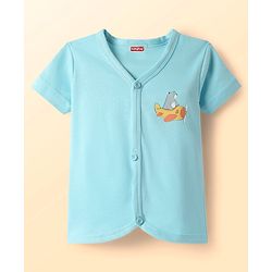 Babyhug Cotton Knit Half Sleeves Shorts Night Suit With Stripes & Bear Print - Light Blue