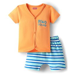 Babyhug 100% Cotton Knit Half Sleeves Shorts Night Suit With Stripes & Text Print - Orange