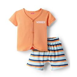 Babyhug Cotton Knit Front Open Half Sleeves Shorts Night Suit With Text Print - Orange