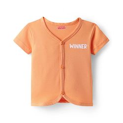 Babyhug 100% Cotton Knit Front Open Half Sleeves Shorts Night Suit With Text Print - Orange
