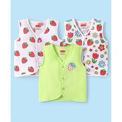 Babyhug 100% Cotton Woven Front Open Sleeveless Jhablas with Tropical Print Pack of 3 - White & Limegreen