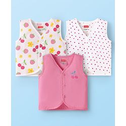 Babyhug 100% Cotton Cambric Woven Front Open Sleeveless Jhablas With Polka Dots & Floral Print Pack Of 3 - Pink & White
