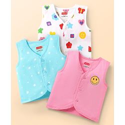 Babyhug 100% Cotton Front Open Sleeveless Jhablas With Floral & Star Print Pack Of 3 - Pink White & Light Blue