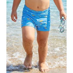 Babyhug Above Knee Length Water Repellant Swimming Trunk with Ocean Theme Print - Light Blue