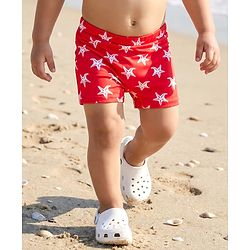 Babyhug Above Knee Length Water Repelant Swimming Trunk with Star Fish Print - Red