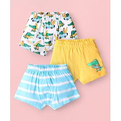 Babyhug 100% Cotton Knit Antibacterial Trunks with Stripes & Animal Print Pack of 3 - Yellow Light Blue & White