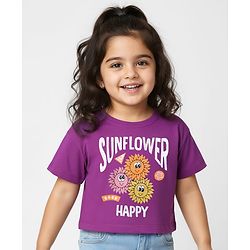 Babyhug Cotton Knit Half Sleeves Crop T-Shirt with Floral Print - Purple